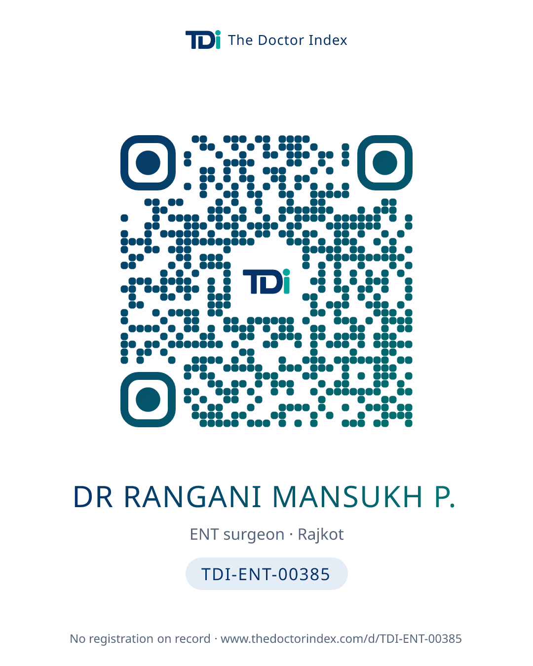 QR card for Dr Rangani Mansukh P., TDI-ENT-00385