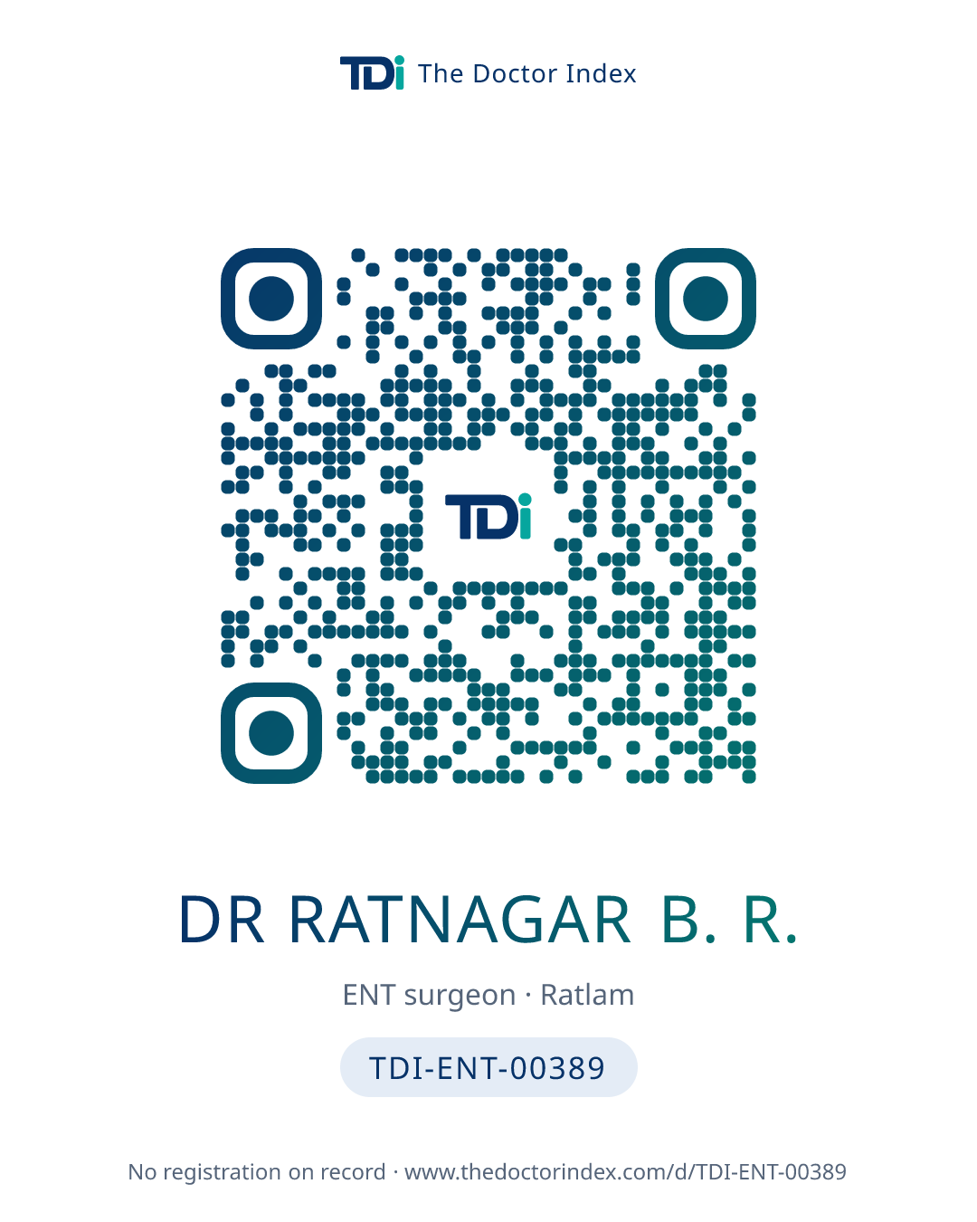QR card for Dr Ratnagar B. R., TDI-ENT-00389