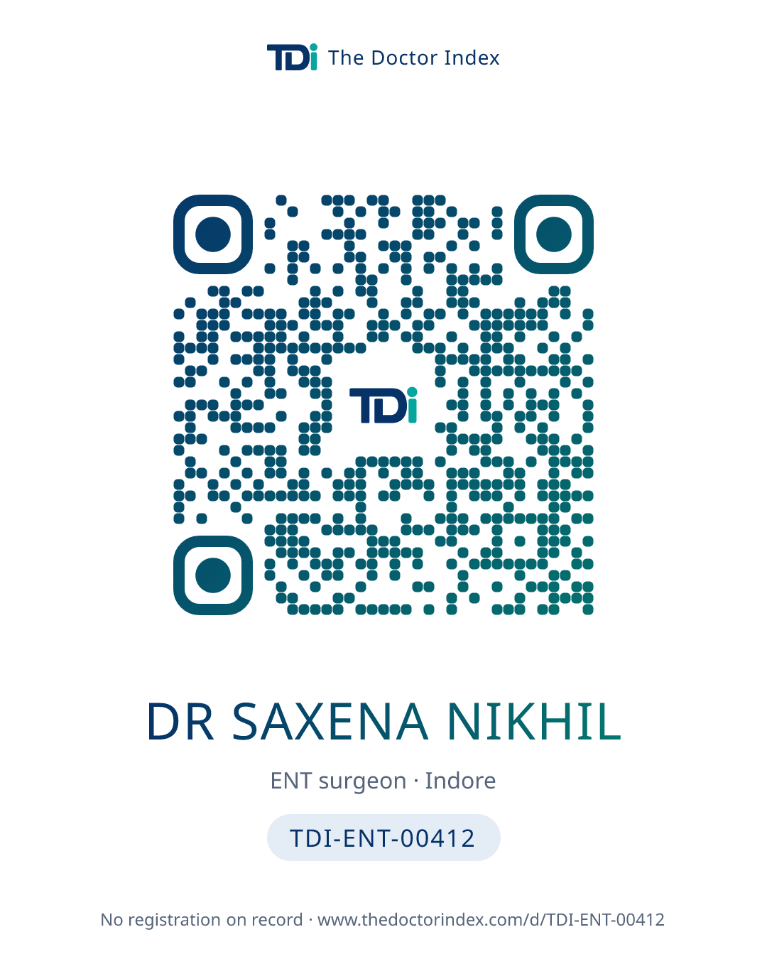 QR card for Dr Saxena Nikhil, TDI-ENT-00412