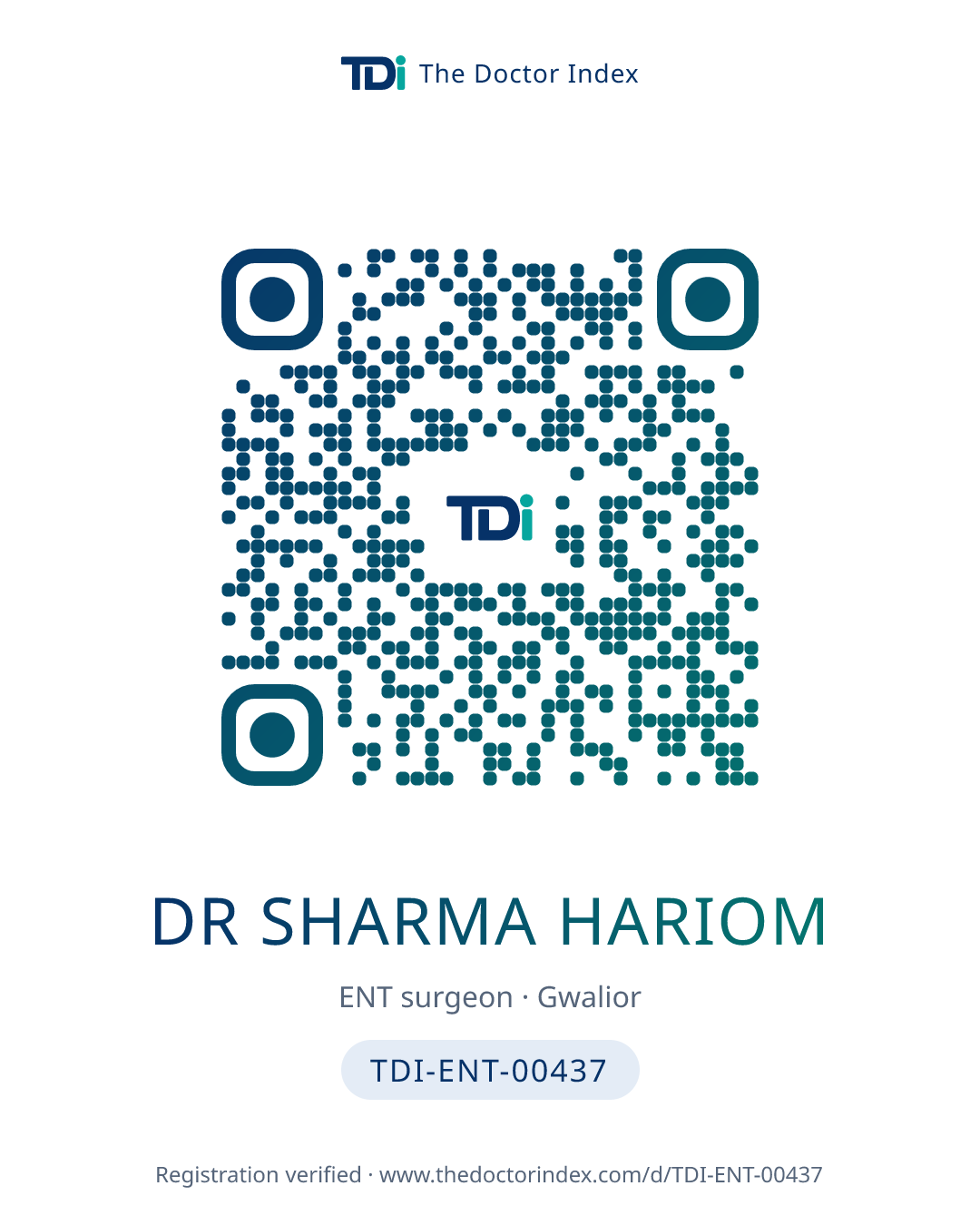 QR card for Dr Sharma Hariom, TDI-ENT-00437
