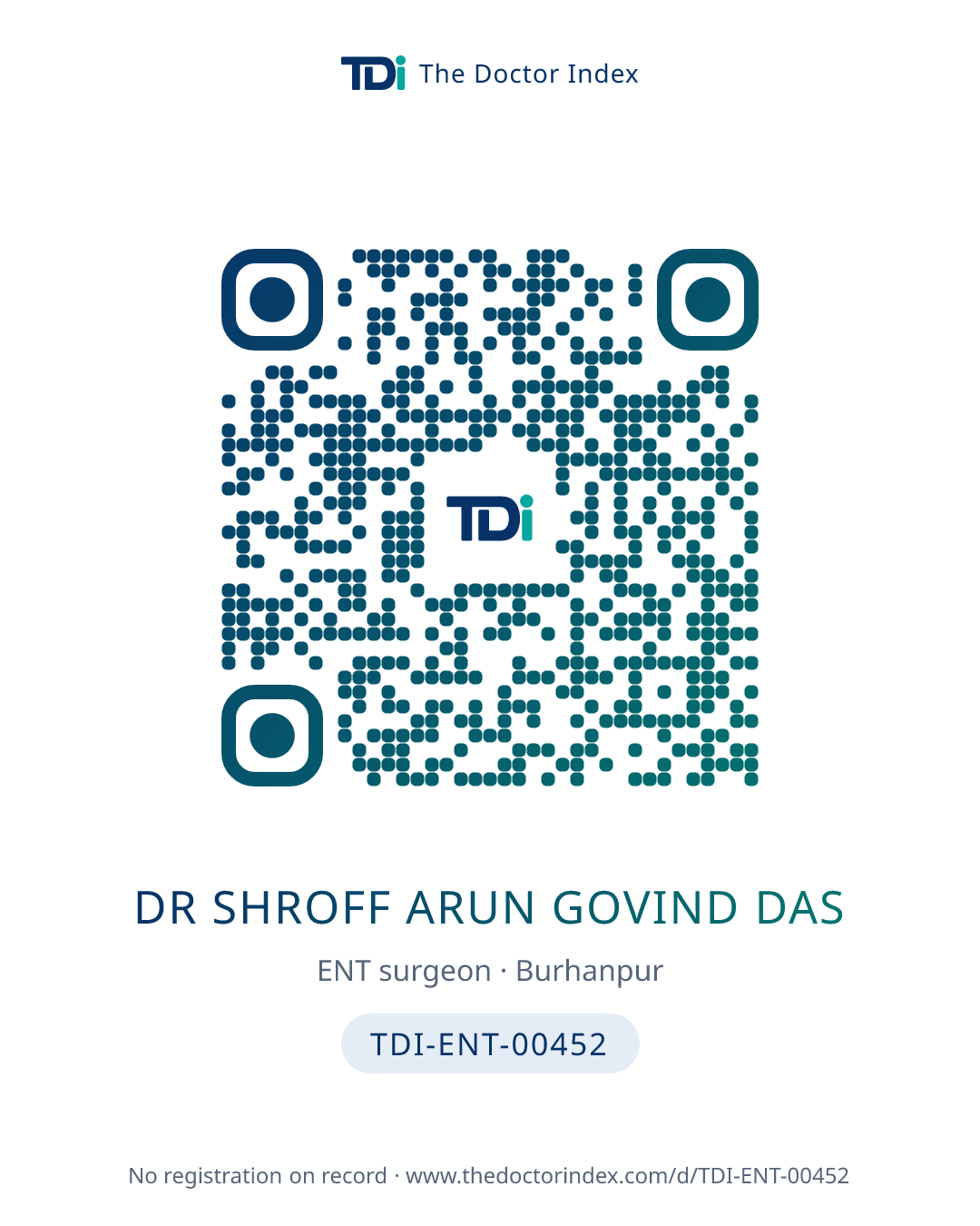 QR card for Dr Shroff Arun Govind Das, TDI-ENT-00452