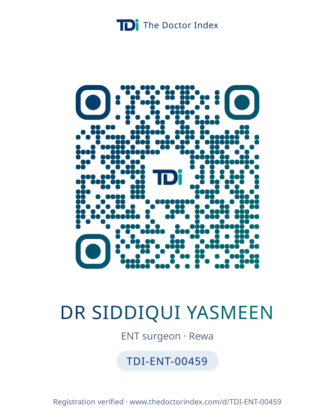 QR card for Dr Siddiqui Yasmeen, TDI-ENT-00459