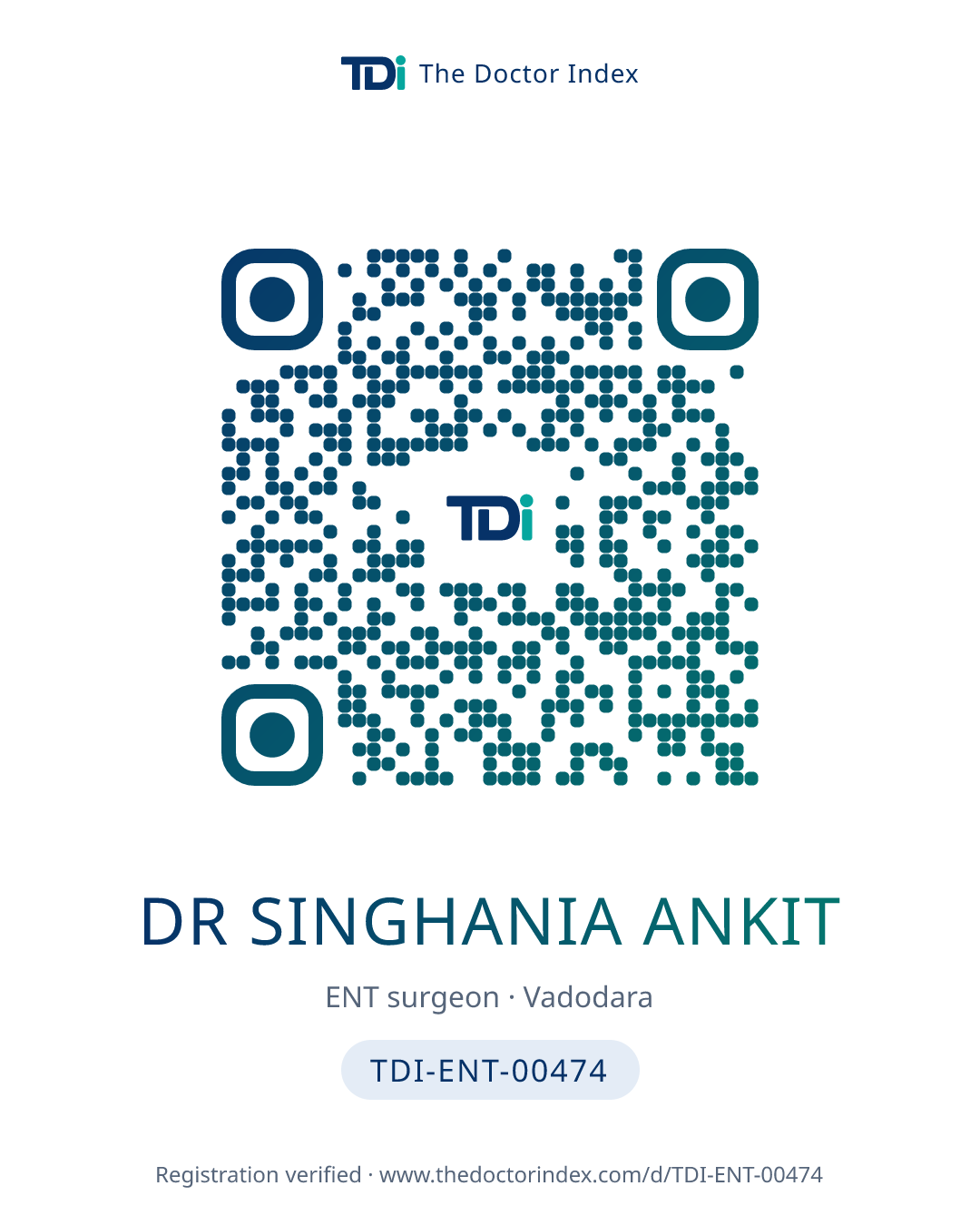 QR card for Dr Singhania Ankit, TDI-ENT-00474