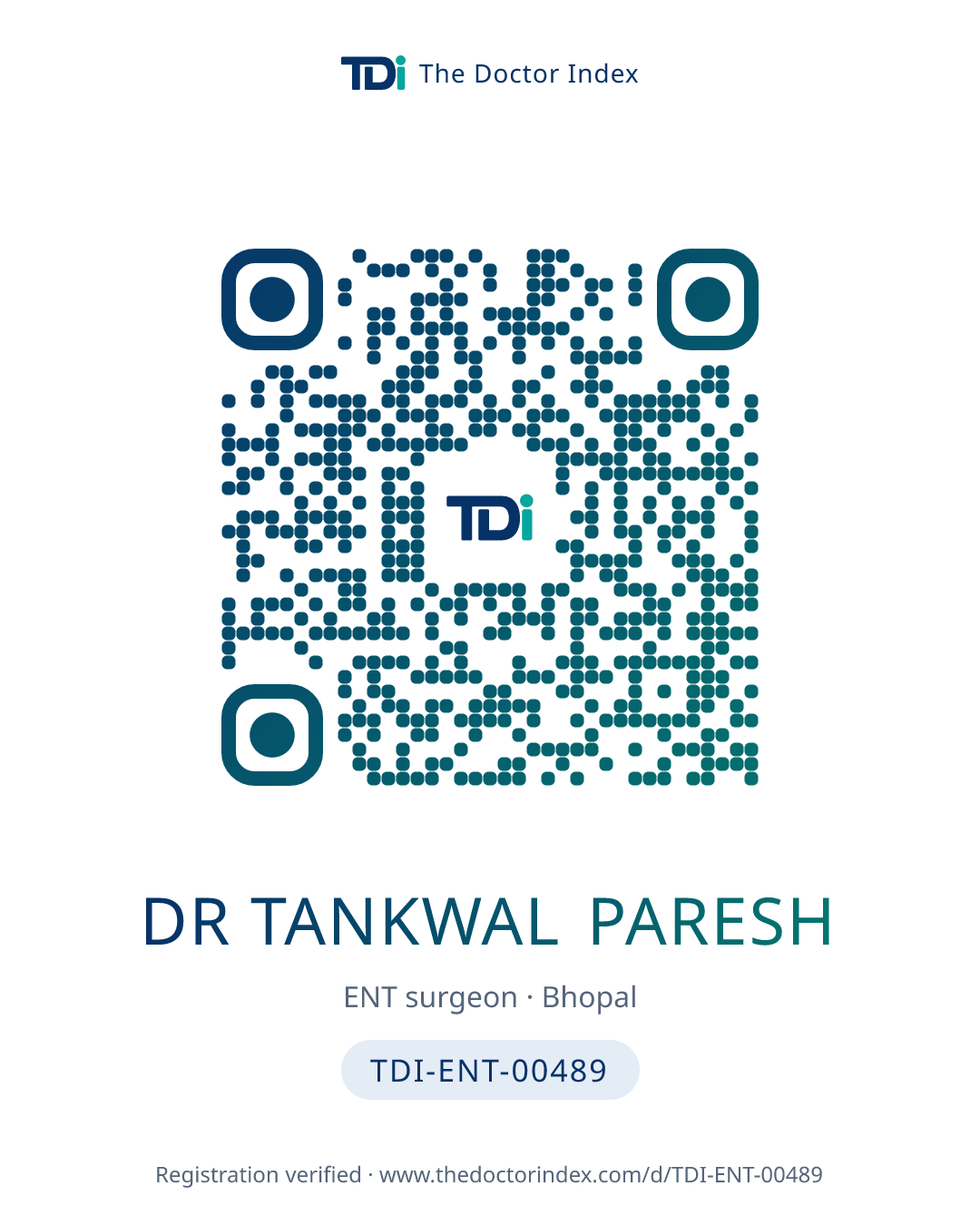 QR card for Dr Tankwal Paresh, TDI-ENT-00489