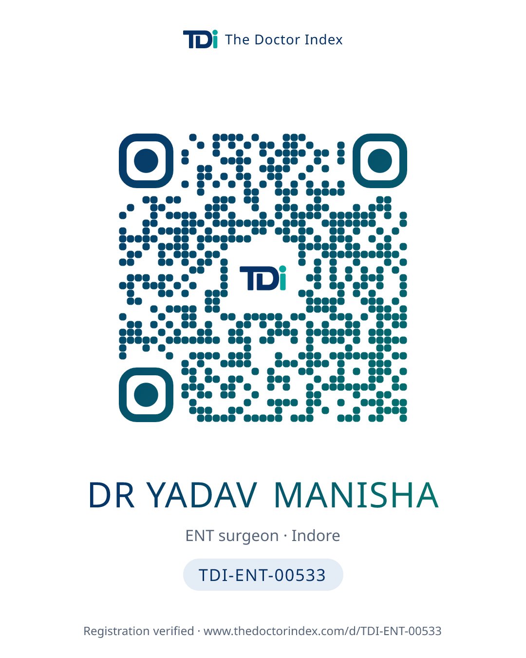 QR card for Dr Yadav Manisha, TDI-ENT-00533