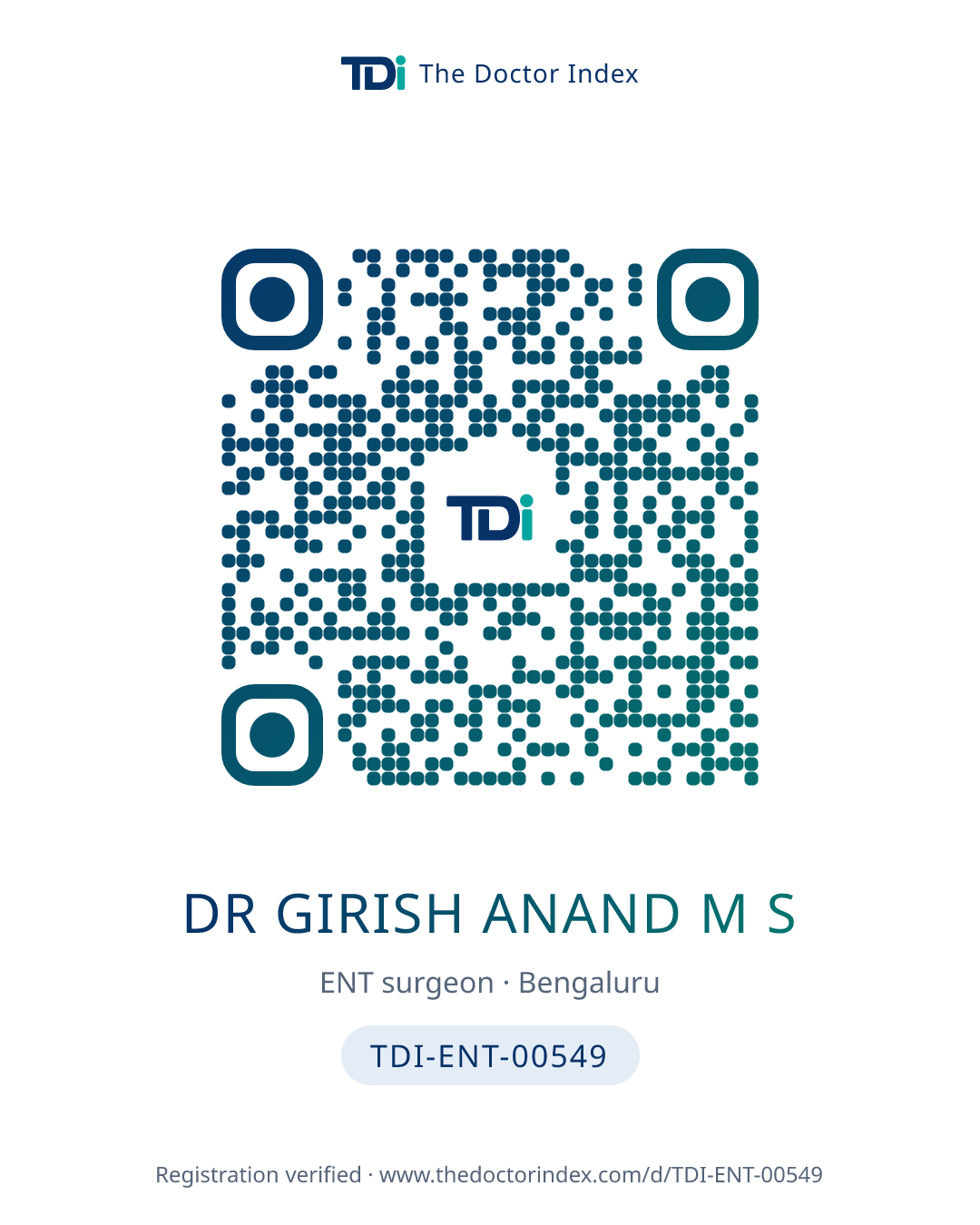 QR card for Dr Girish Anand M S, TDI-ENT-00549