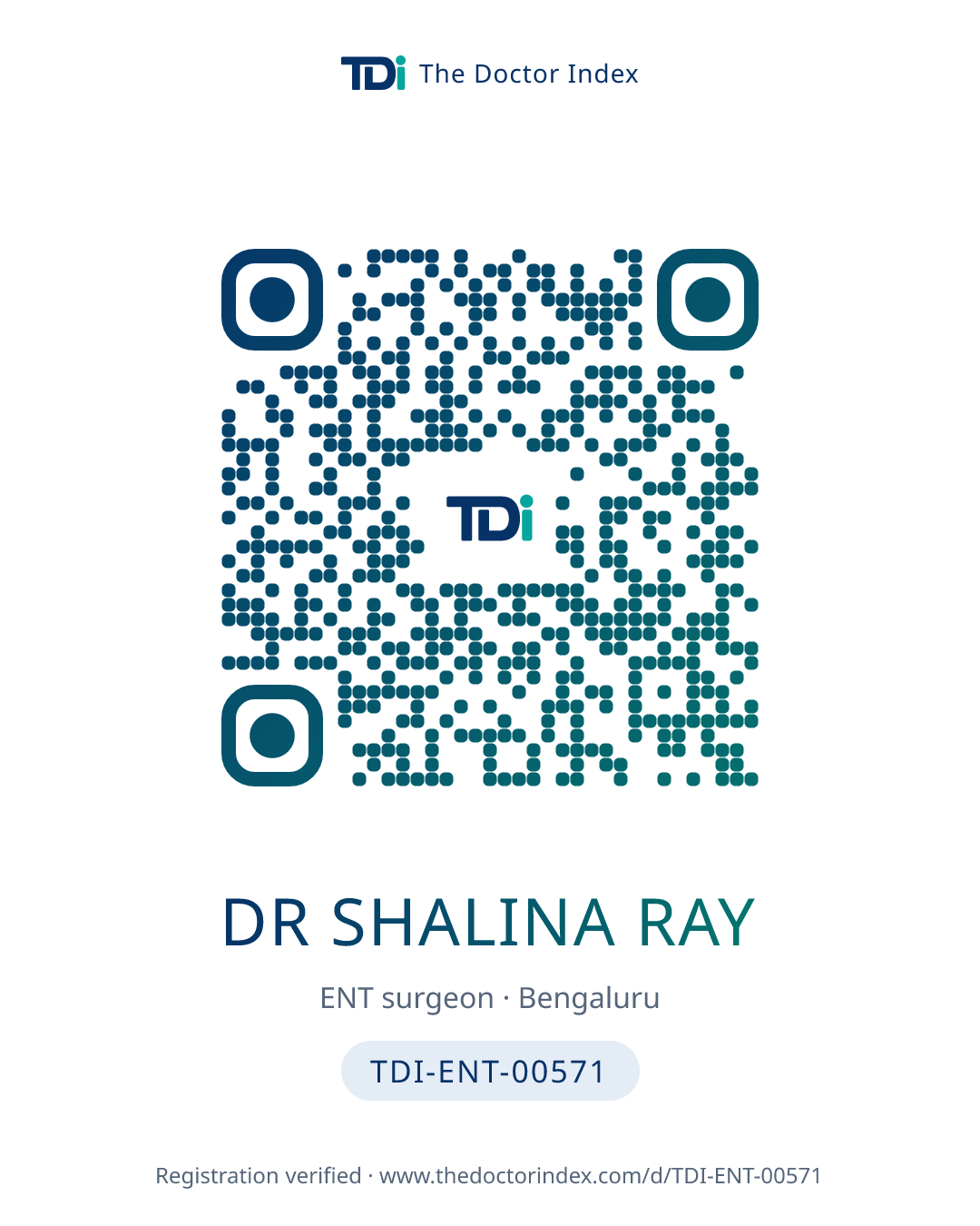 QR card for Dr Shalina Ray, TDI-ENT-00571