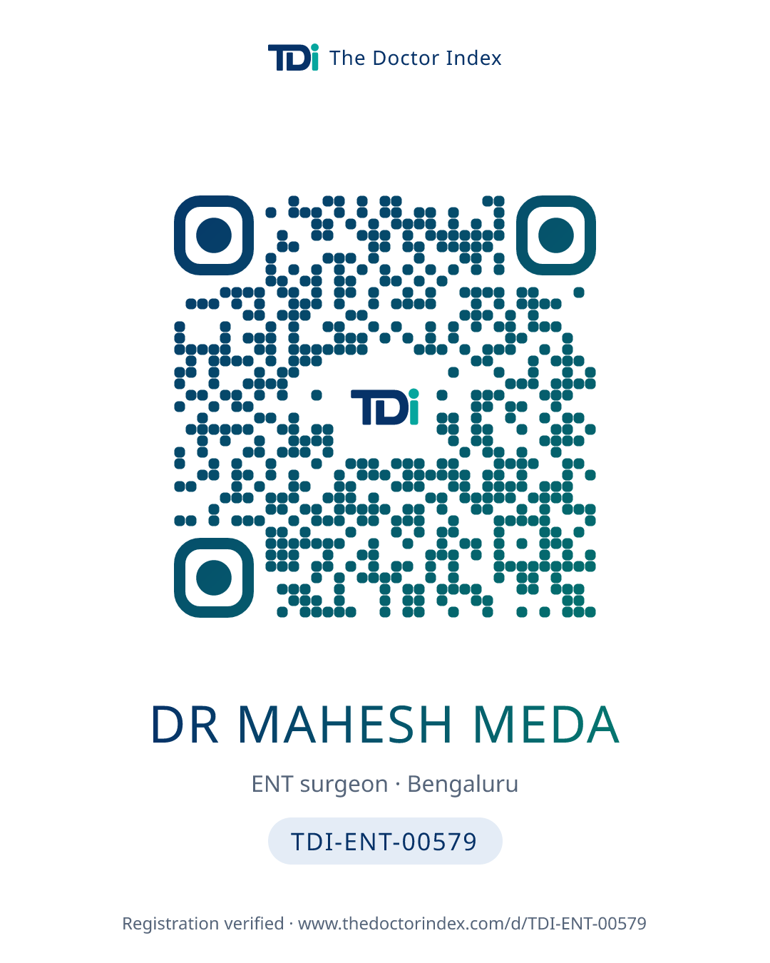 QR card for Dr Mahesh Meda, TDI-ENT-00579