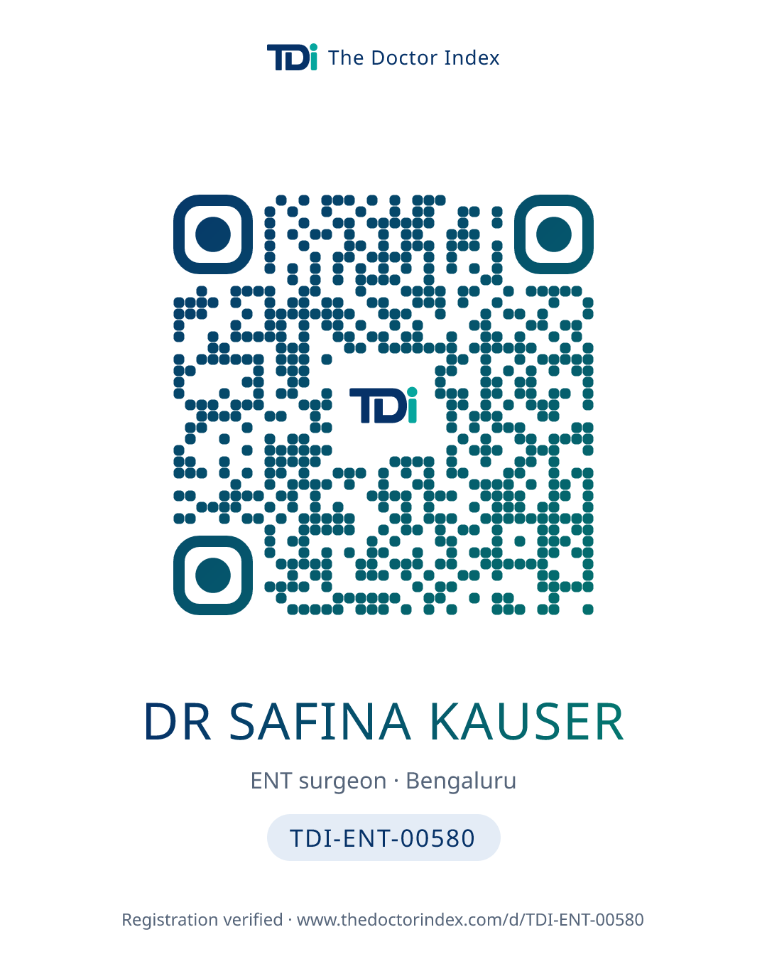 QR card for Dr Safina Kauser, TDI-ENT-00580