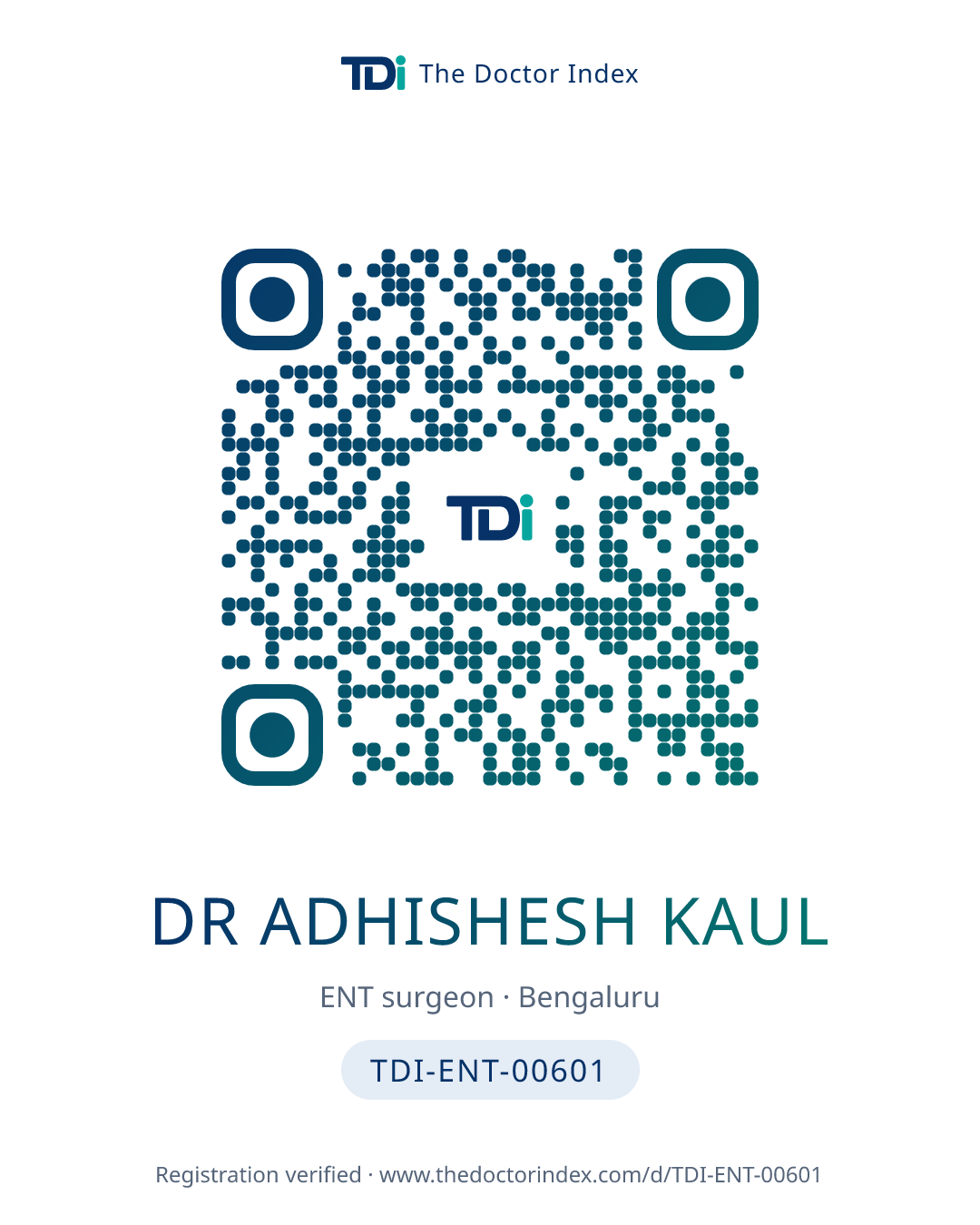 QR card for Dr Adhishesh Kaul, TDI-ENT-00601