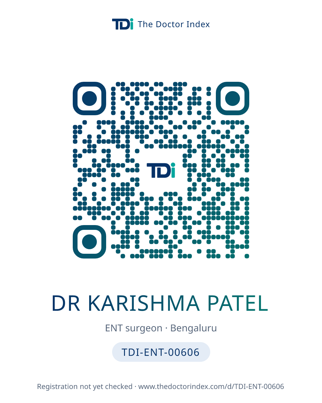 QR card for Dr Karishma Patel, TDI-ENT-00606
