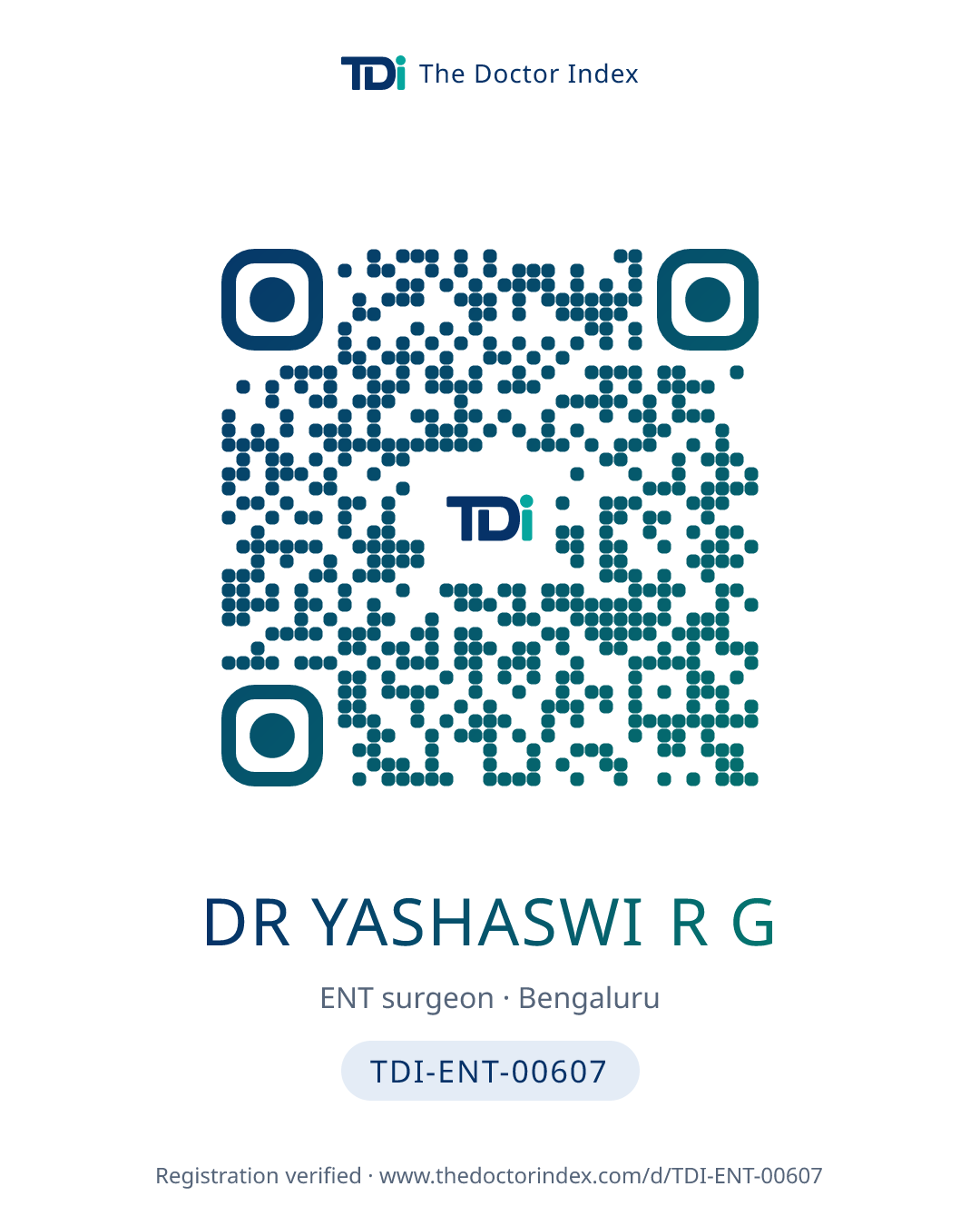 QR card for Dr Yashaswi R G, TDI-ENT-00607
