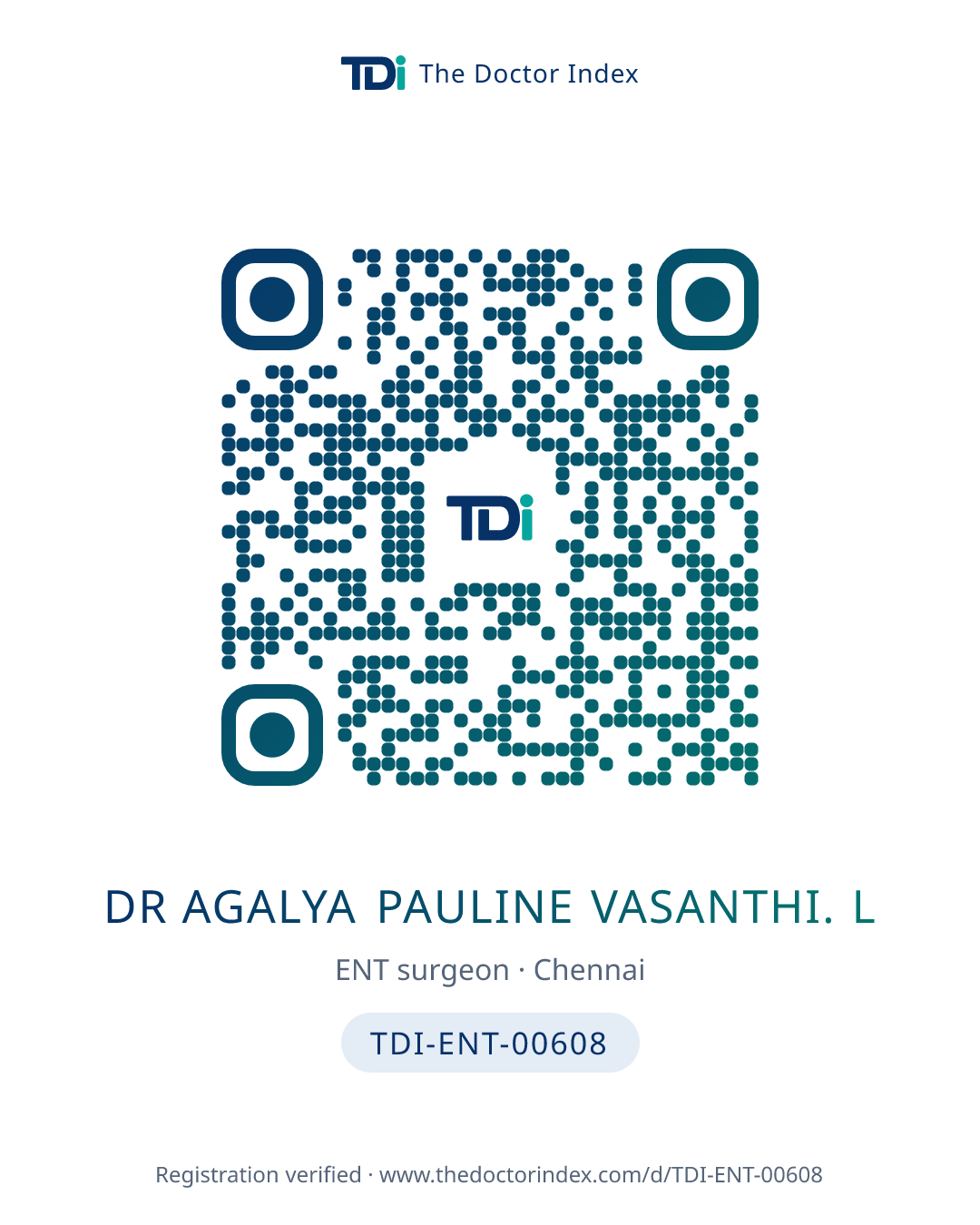 QR card for Dr Agalya Pauline Vasanthi. L, TDI-ENT-00608