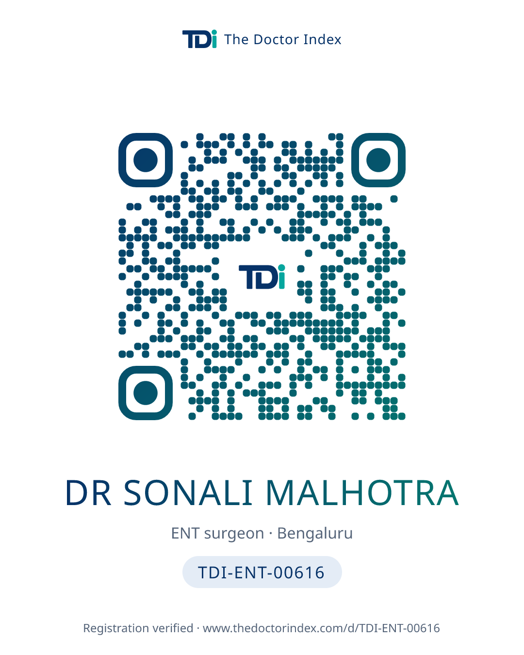 QR card for Dr Sonali Malhotra, TDI-ENT-00616