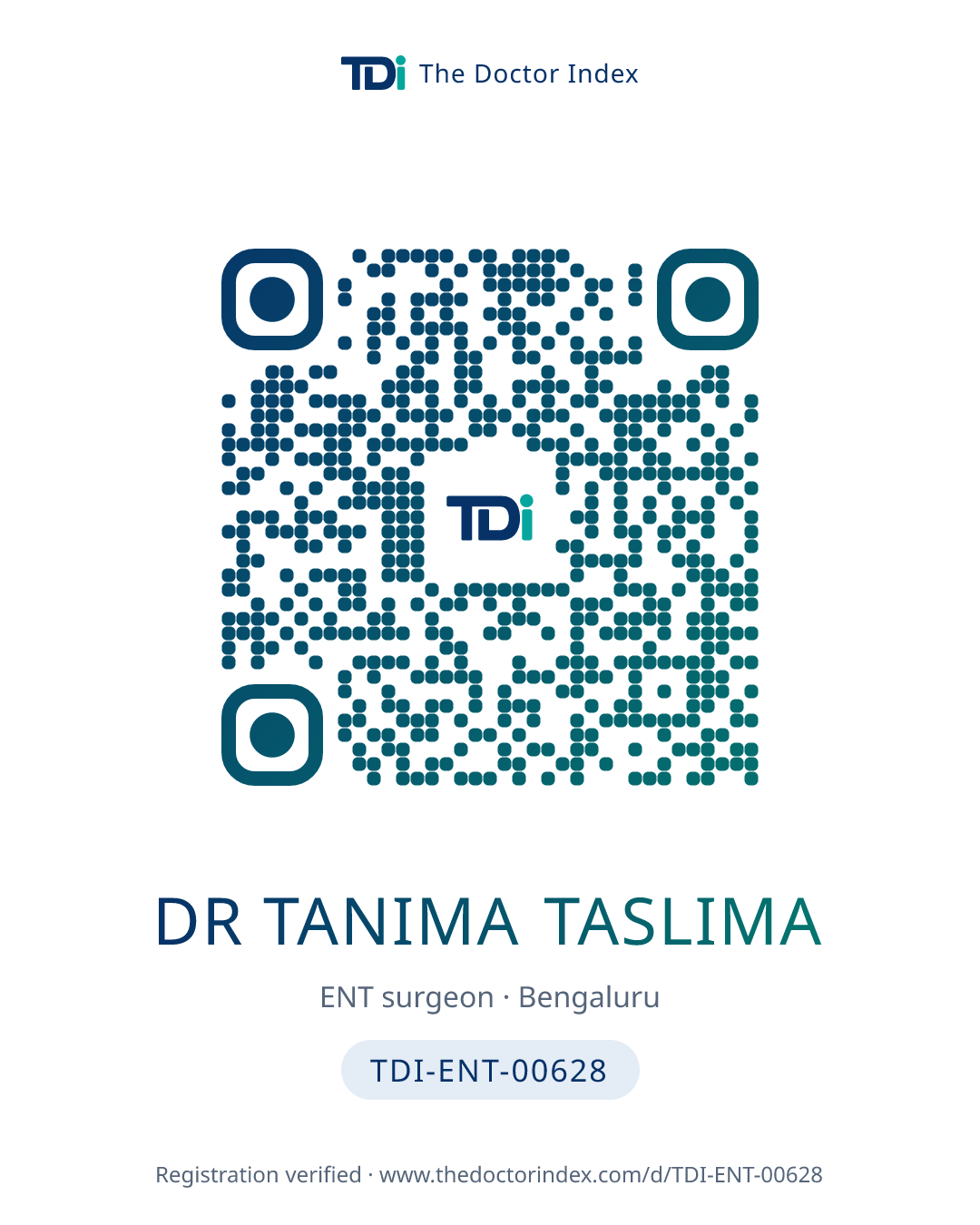 QR card for Dr Tanima Taslima, TDI-ENT-00628