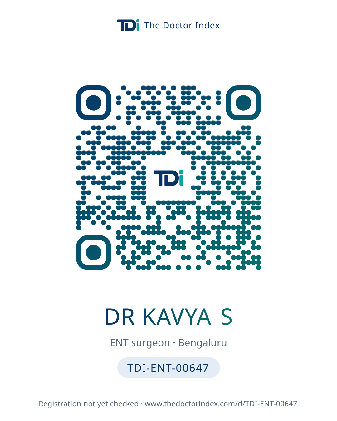 QR card for Dr Kavya S, TDI-ENT-00647