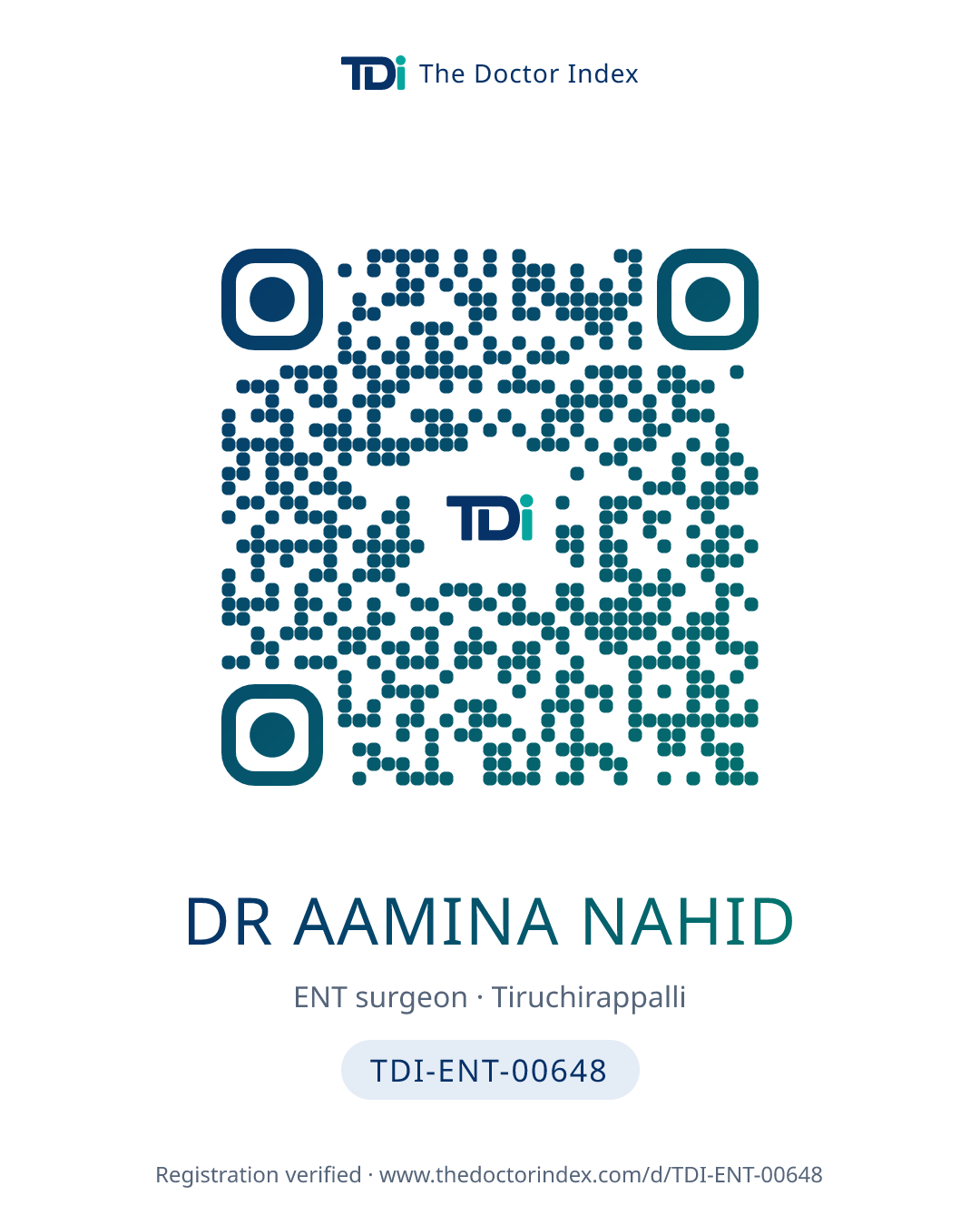 QR card for Dr Aamina Nahid, TDI-ENT-00648