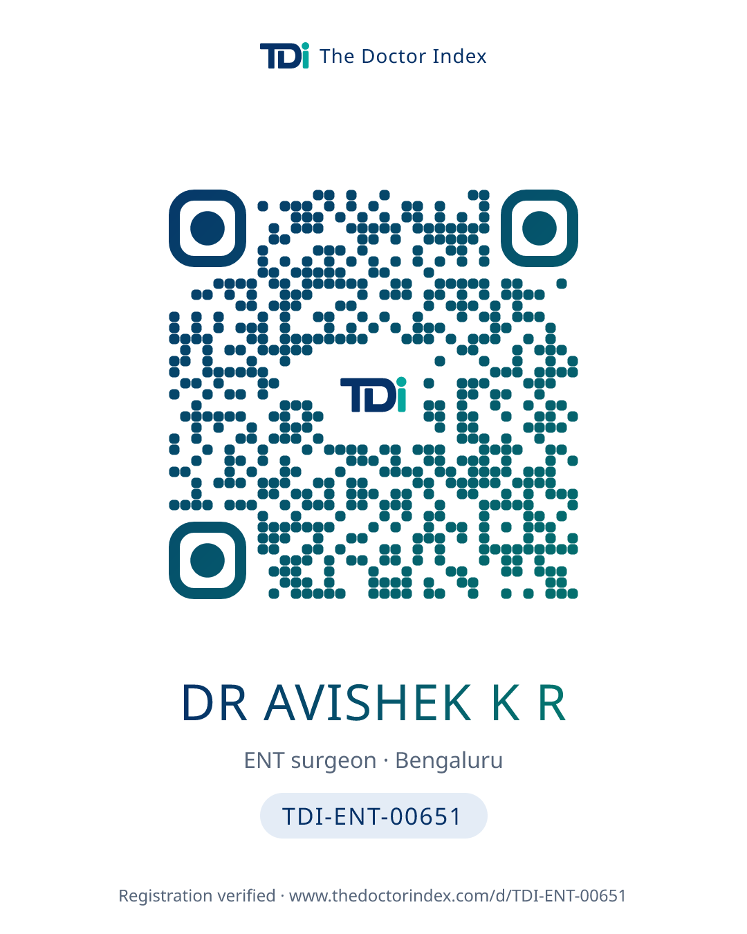 QR card for Dr Avishek K R, TDI-ENT-00651