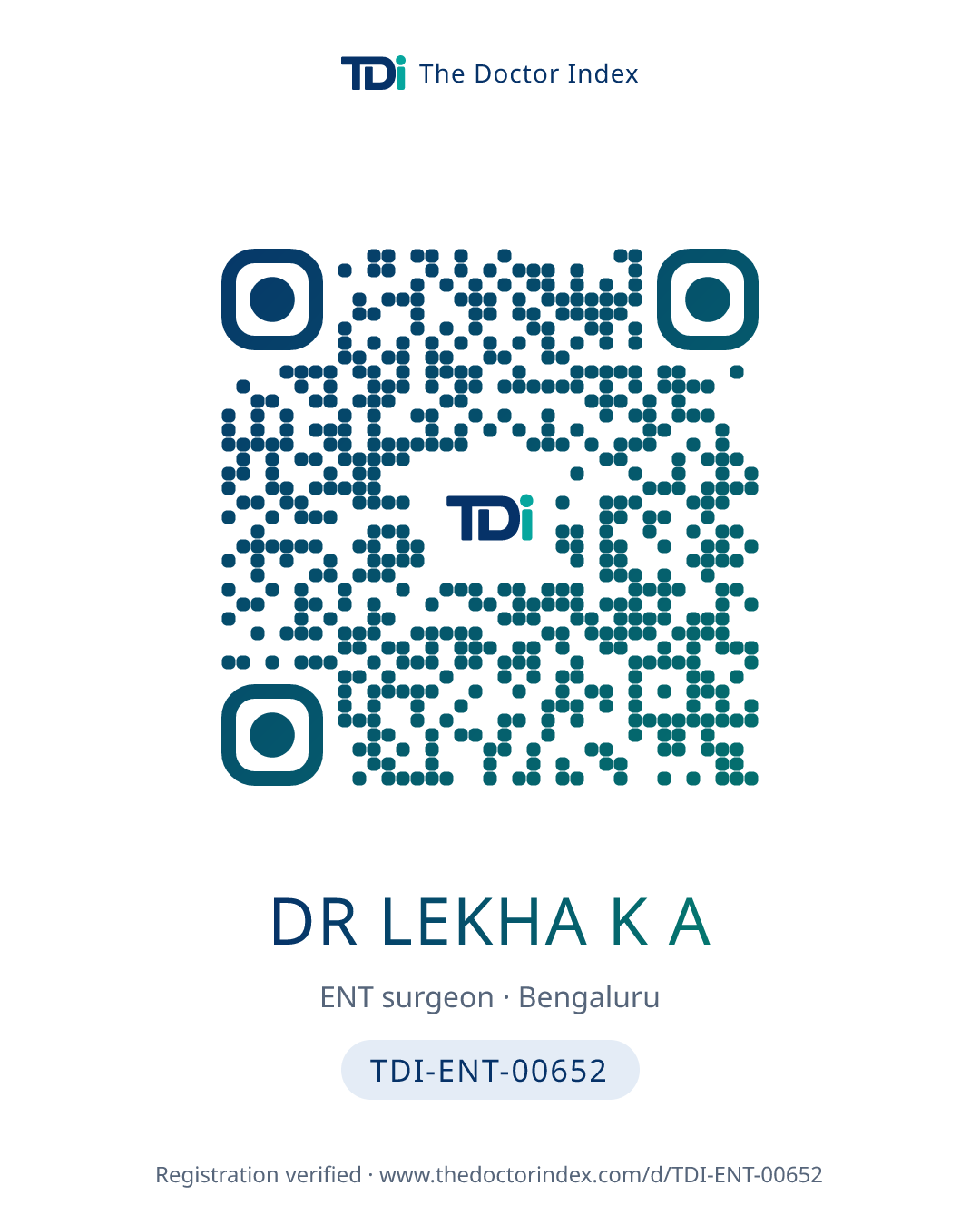 QR card for Dr Lekha K A, TDI-ENT-00652