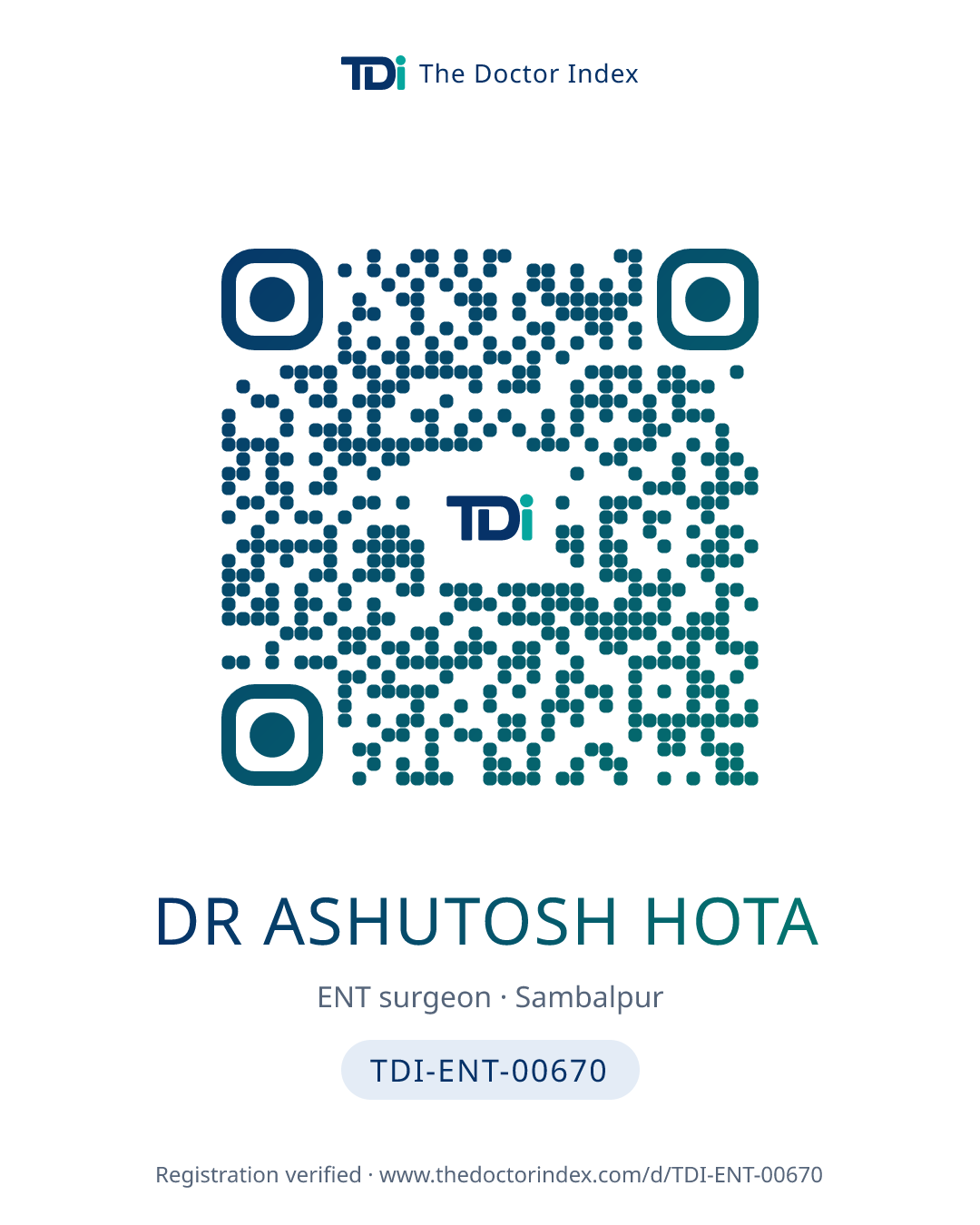 QR card for Dr Ashutosh Hota, TDI-ENT-00670