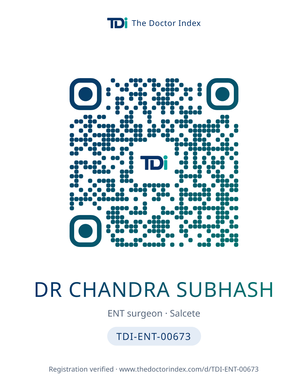 QR card for Dr Chandra Subhash, TDI-ENT-00673