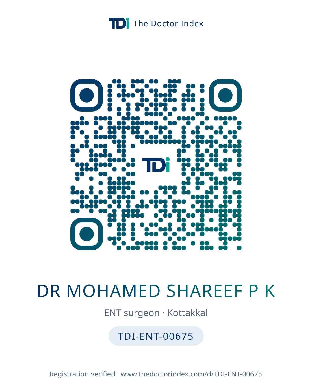 QR card for Dr Mohamed Shareef P K, TDI-ENT-00675