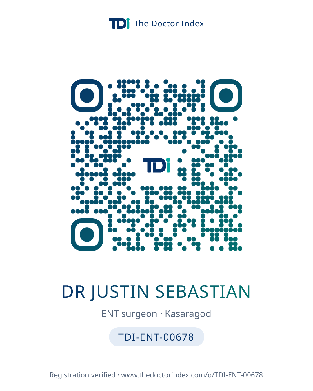 QR card for Dr Justin Sebastian, TDI-ENT-00678