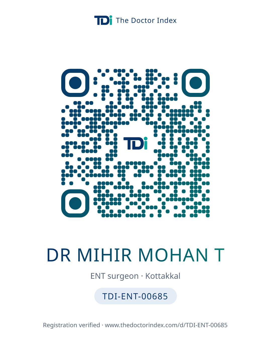 QR card for Dr Mihir Mohan T, TDI-ENT-00685