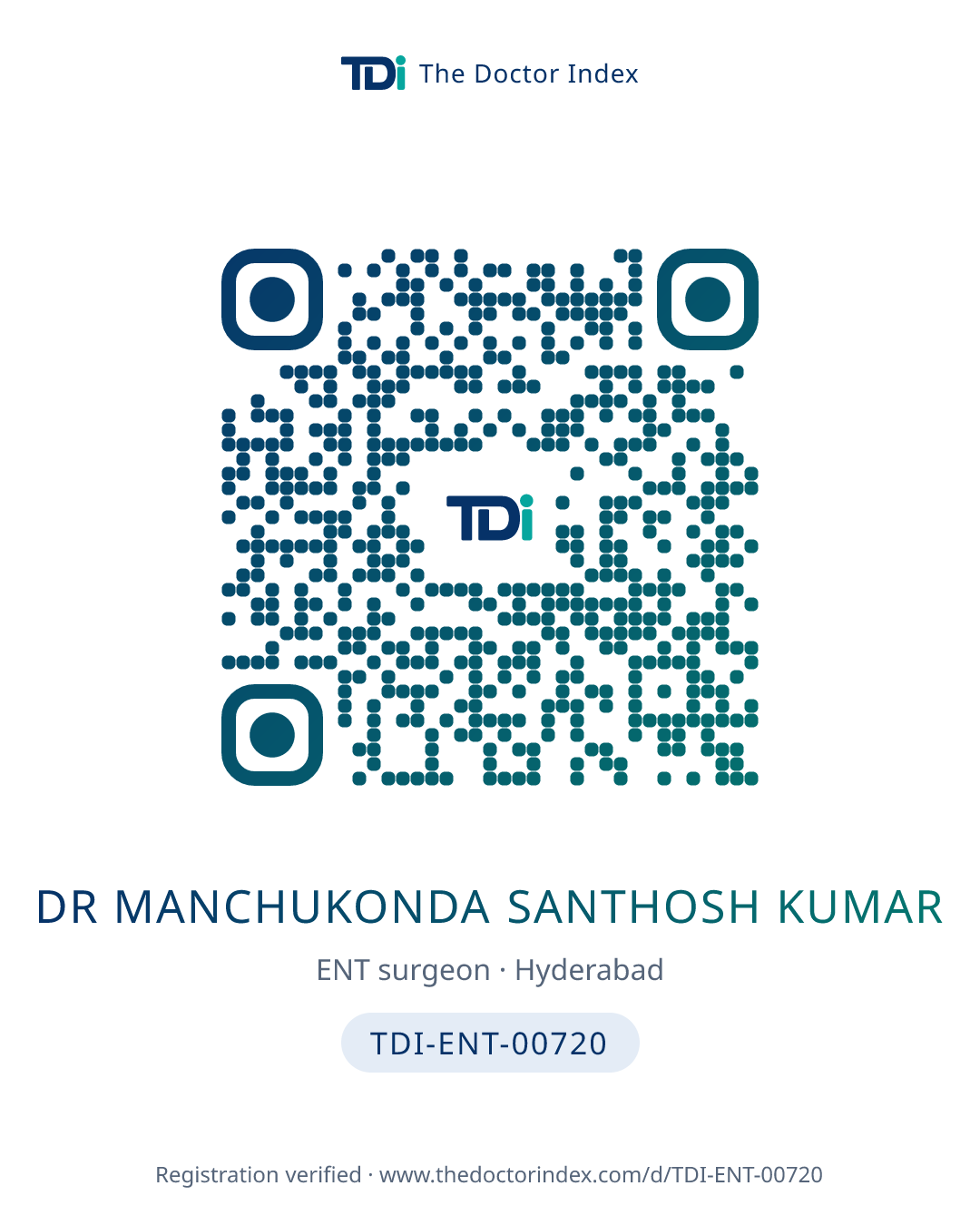 QR card for Dr Manchukonda Santhosh Kumar, TDI-ENT-00720