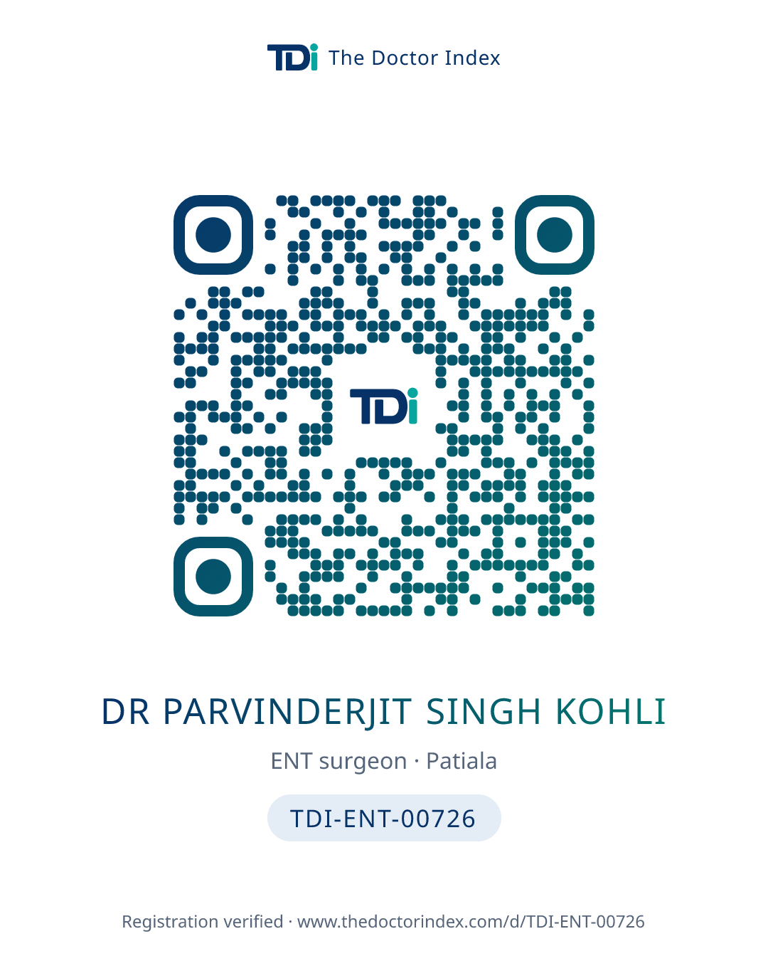 QR card for Dr Parvinderjit Singh Kohli, TDI-ENT-00726
