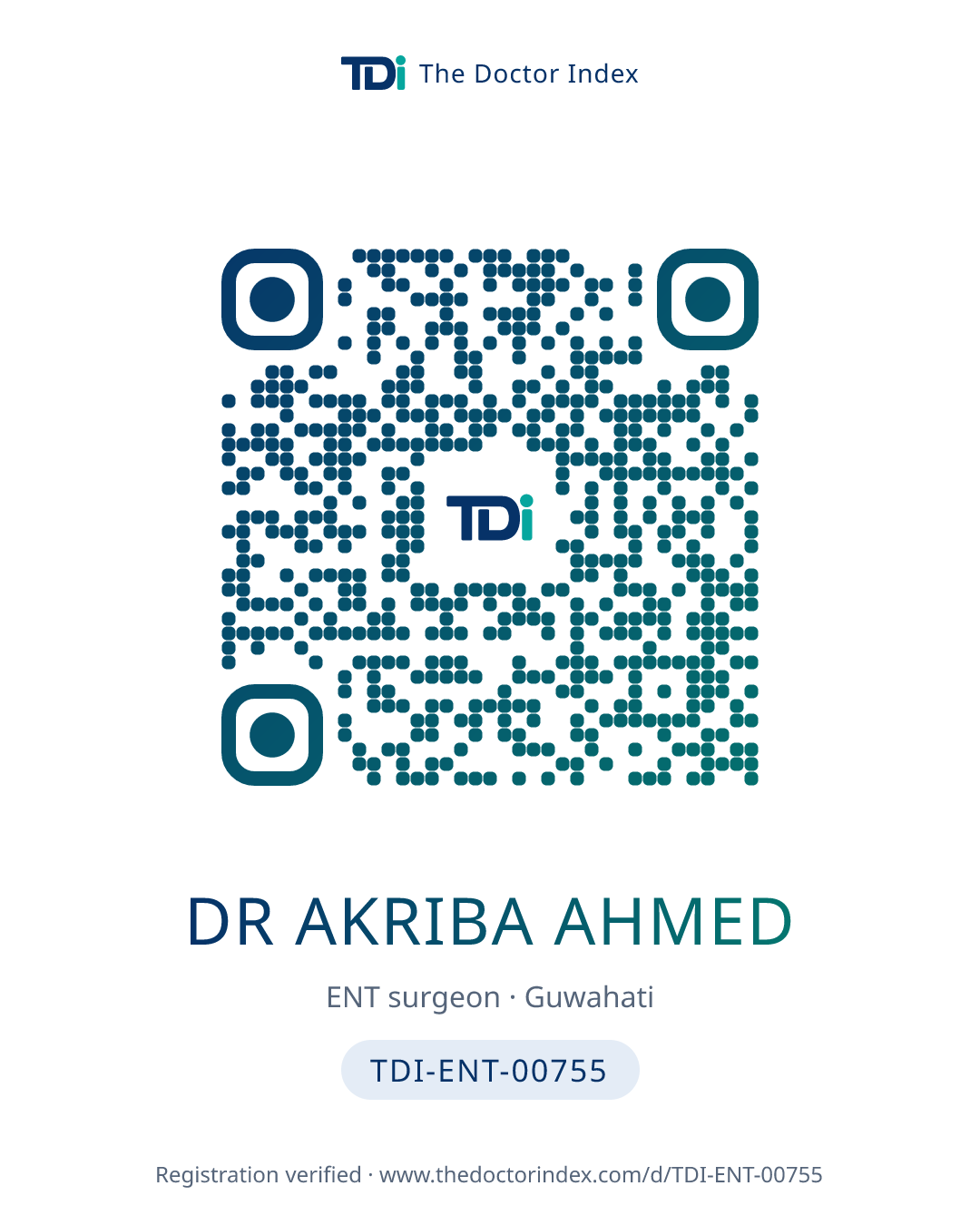 QR card for Dr Akriba Ahmed, TDI-ENT-00755