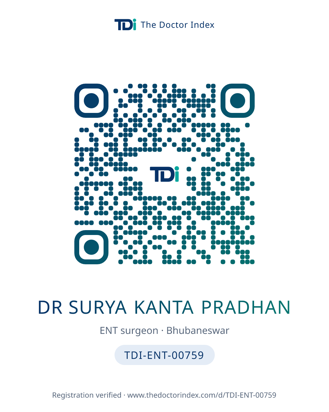 QR card for Dr Surya Kanta Pradhan, TDI-ENT-00759