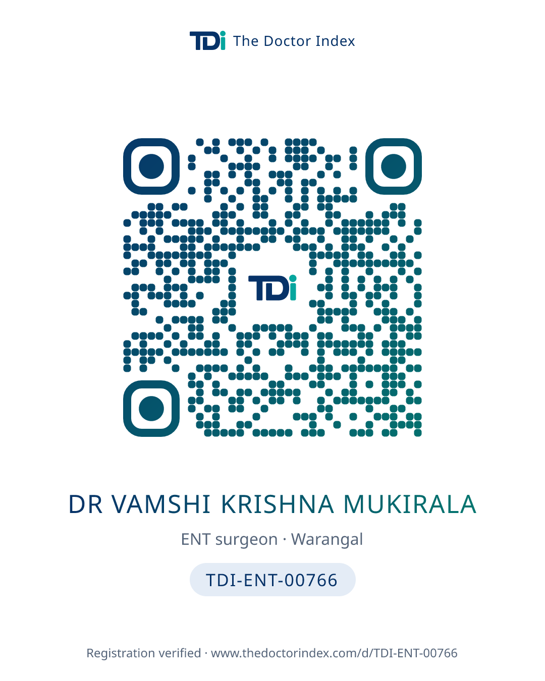 QR card for Dr Vamshi Krishna Mukirala, TDI-ENT-00766