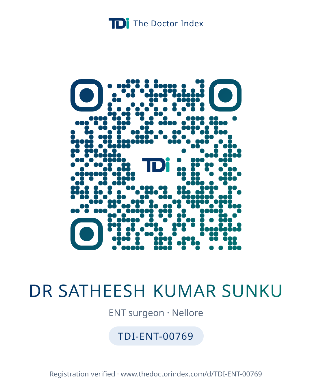 QR card for Dr Satheesh Kumar Sunku, TDI-ENT-00769