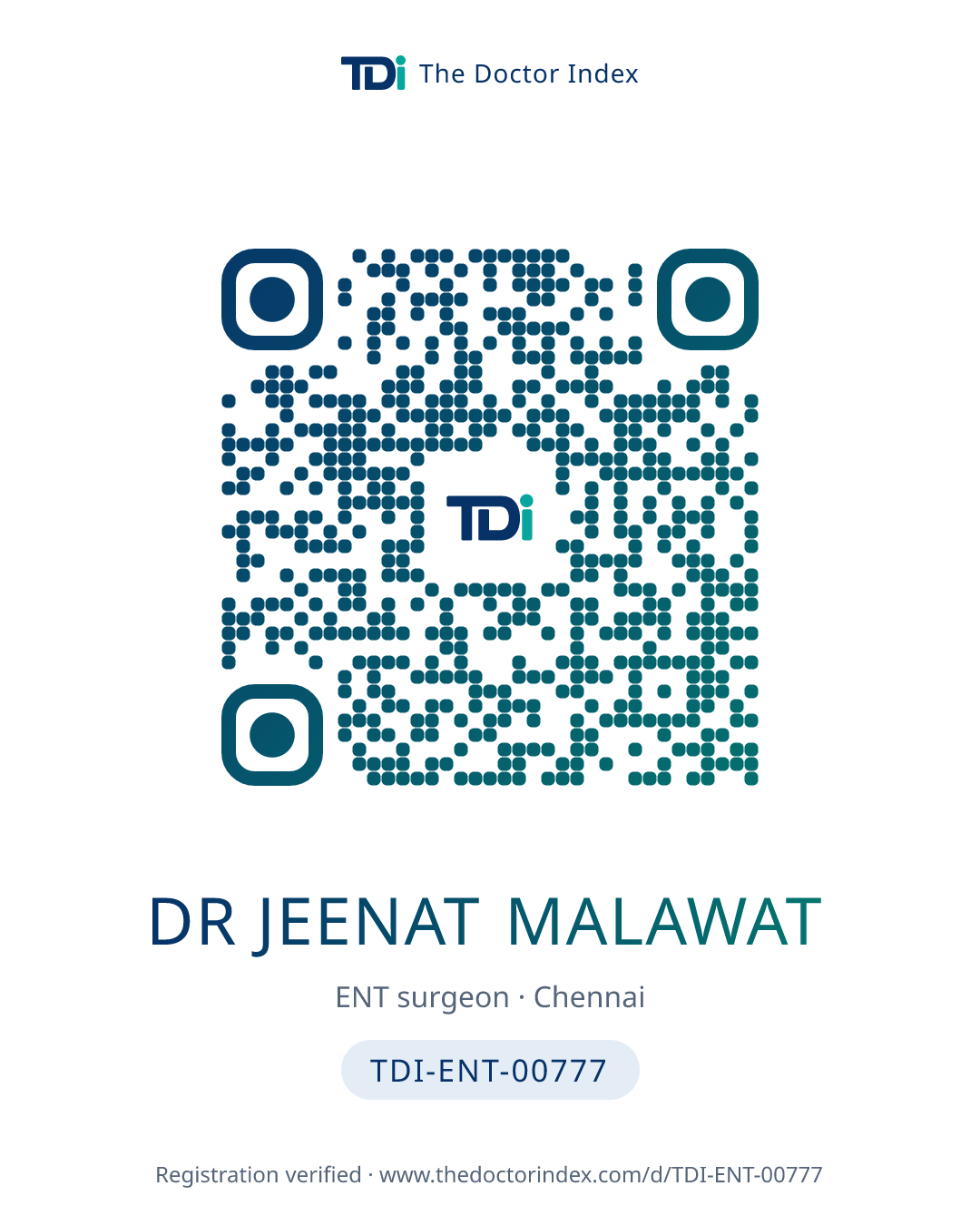 QR card for Dr Jeenat Malawat, TDI-ENT-00777