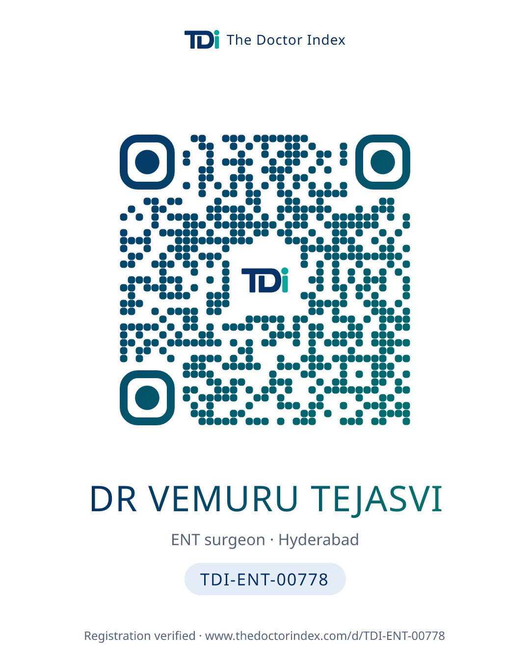 QR card for Dr Vemuru Tejasvi, TDI-ENT-00778