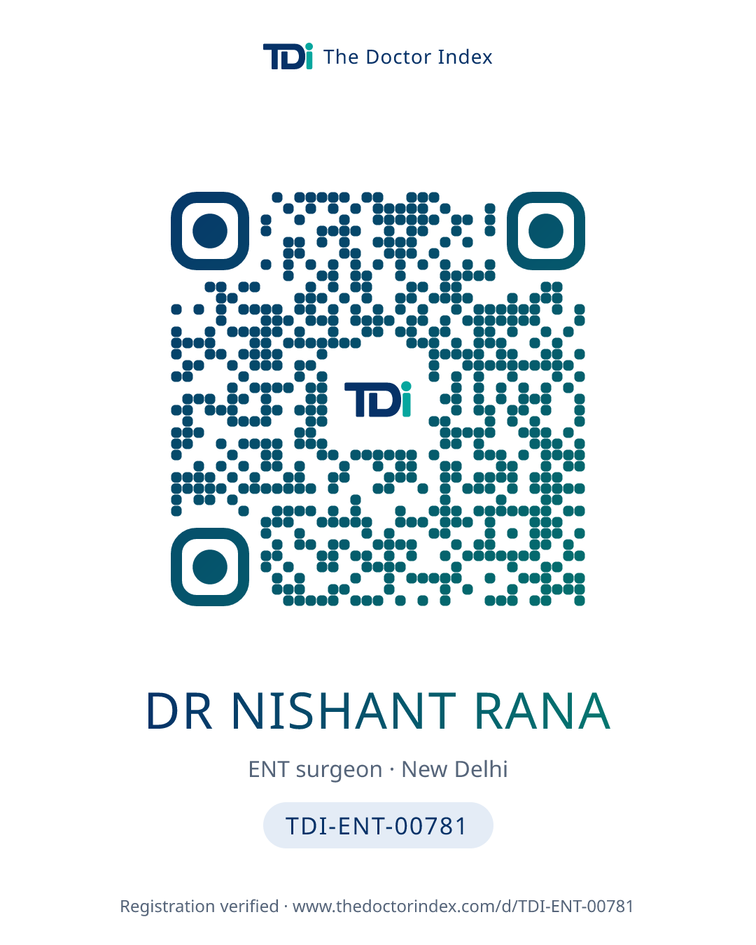QR card for Dr Nishant Rana, TDI-ENT-00781