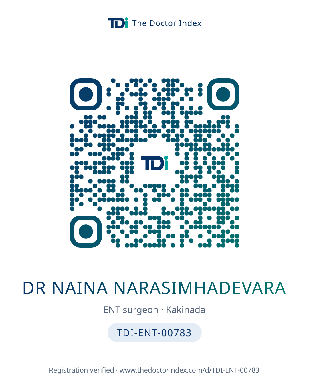 QR card for Dr Naina Narasimhadevara, TDI-ENT-00783