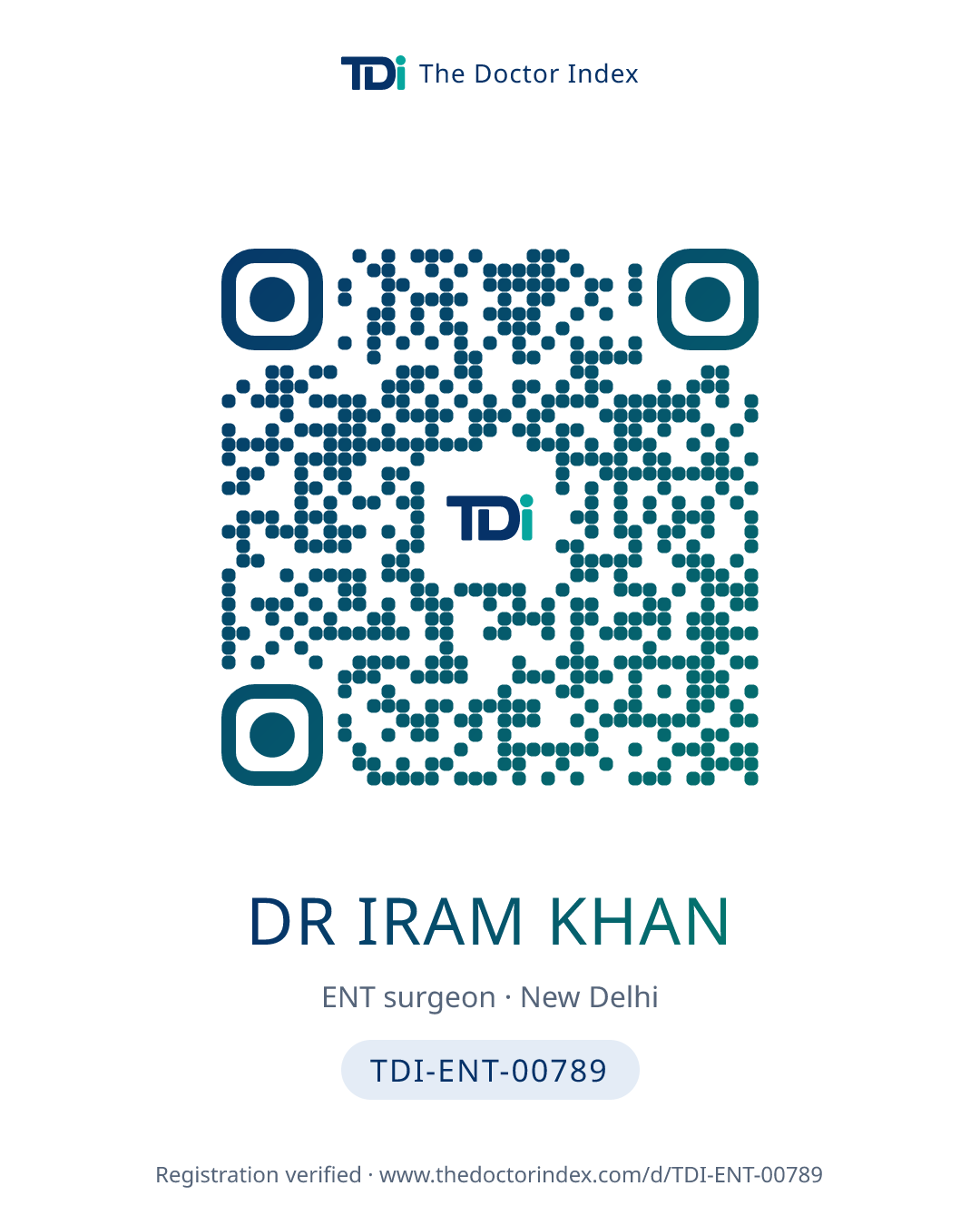 QR card for Dr Iram Khan, TDI-ENT-00789