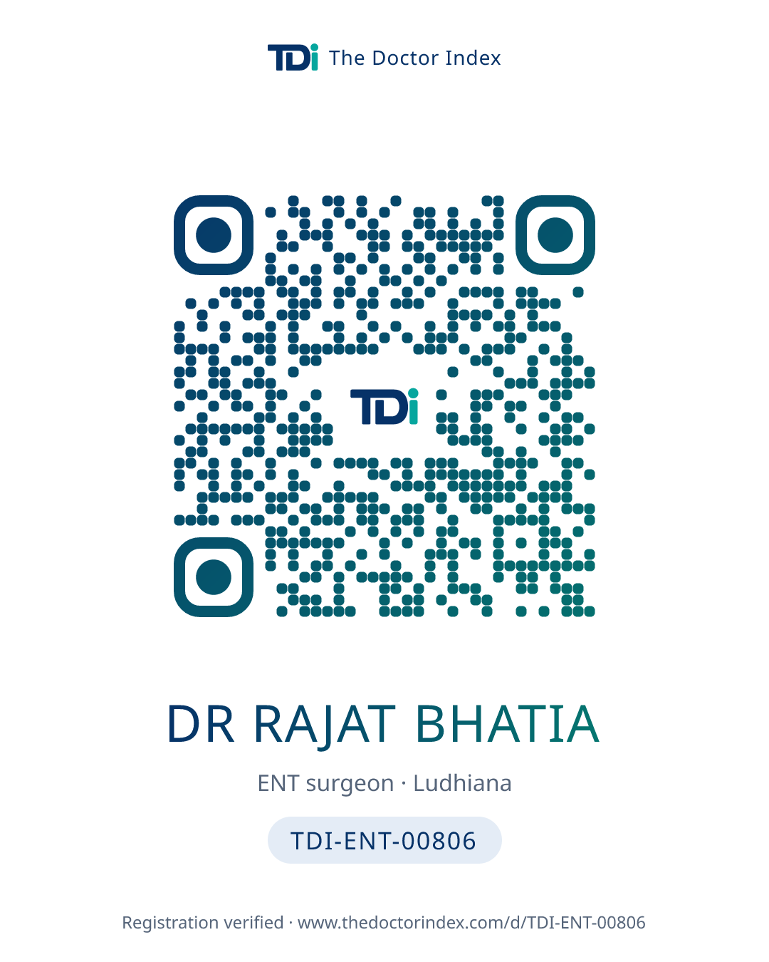 QR card for Dr Rajat Bhatia, TDI-ENT-00806