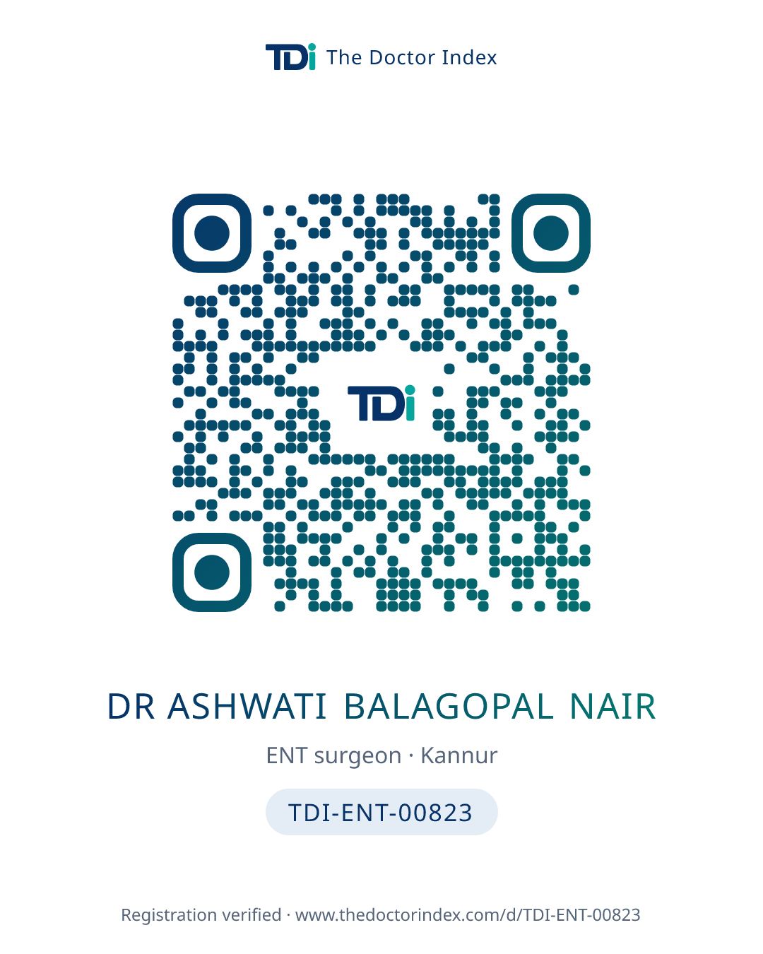 QR card for Dr Ashwati Balagopal Nair, TDI-ENT-00823