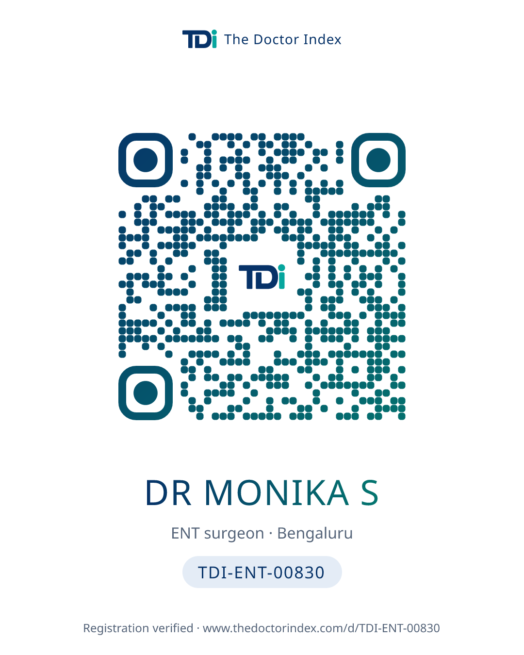 QR card for Dr Monika S, TDI-ENT-00830