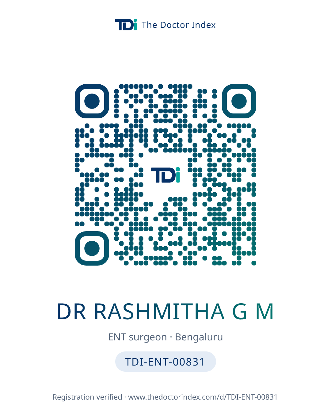 QR card for Dr Rashmitha G M, TDI-ENT-00831