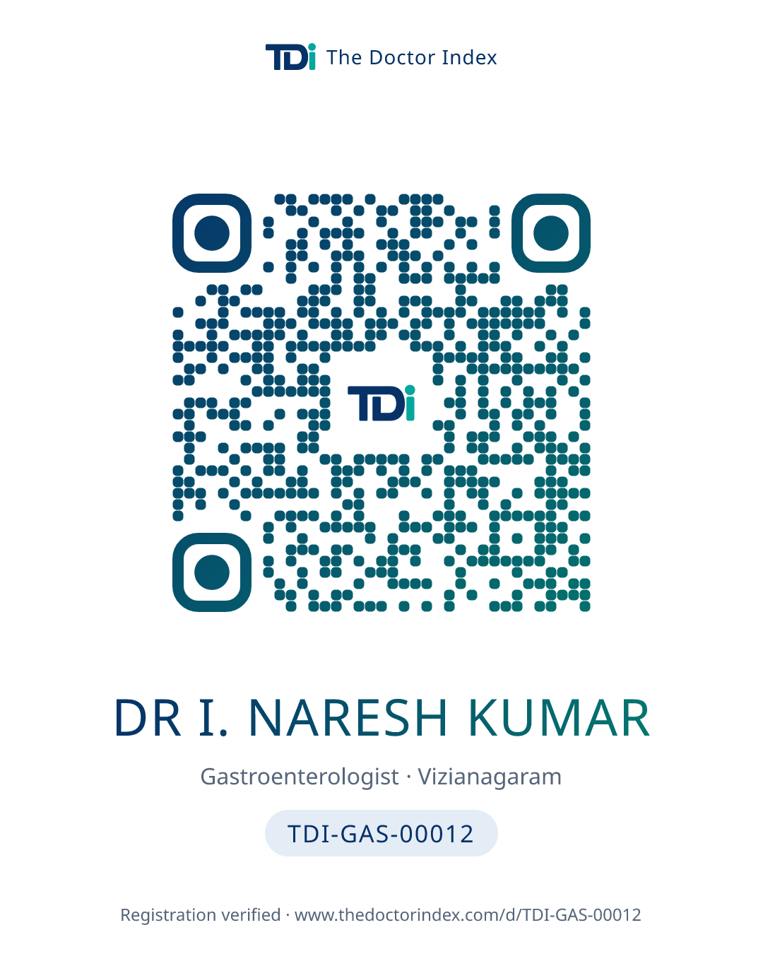 QR card for Dr I. Naresh Kumar, TDI-GAS-00012