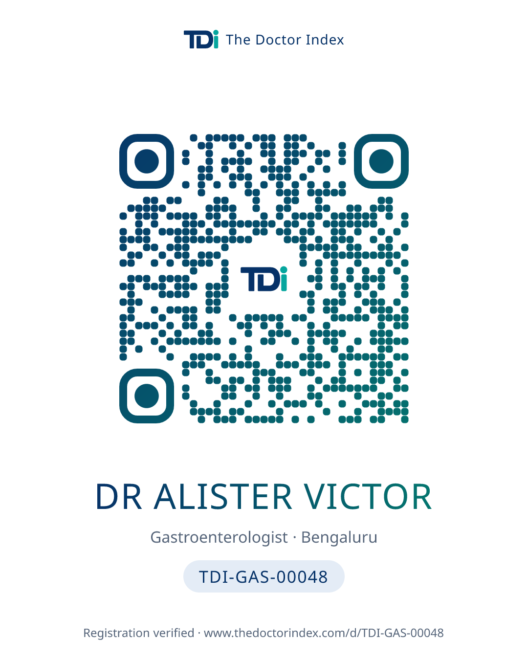 QR card for Dr Alister Victor, TDI-GAS-00048