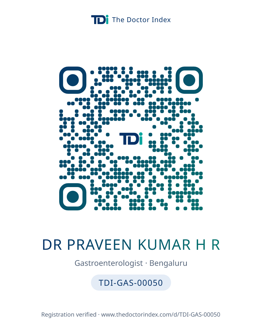 QR card for Dr Praveen Kumar H R, TDI-GAS-00050