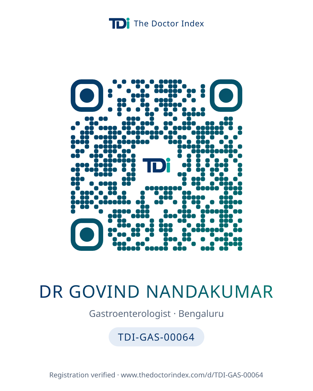 QR card for Dr Govind Nandakumar, TDI-GAS-00064