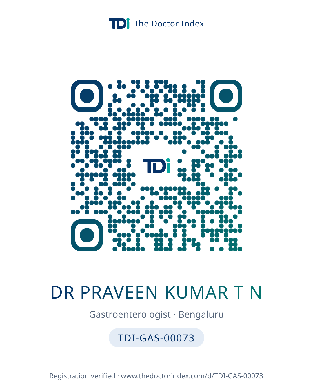 QR card for Dr Praveen Kumar T N, TDI-GAS-00073