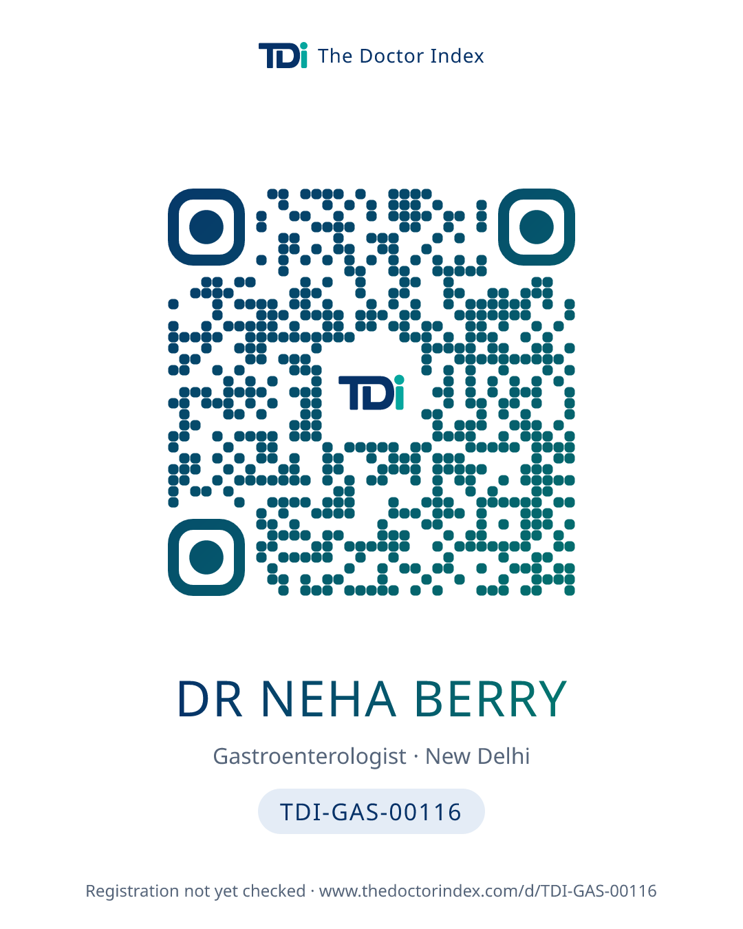 QR card for Dr Neha Berry, TDI-GAS-00116