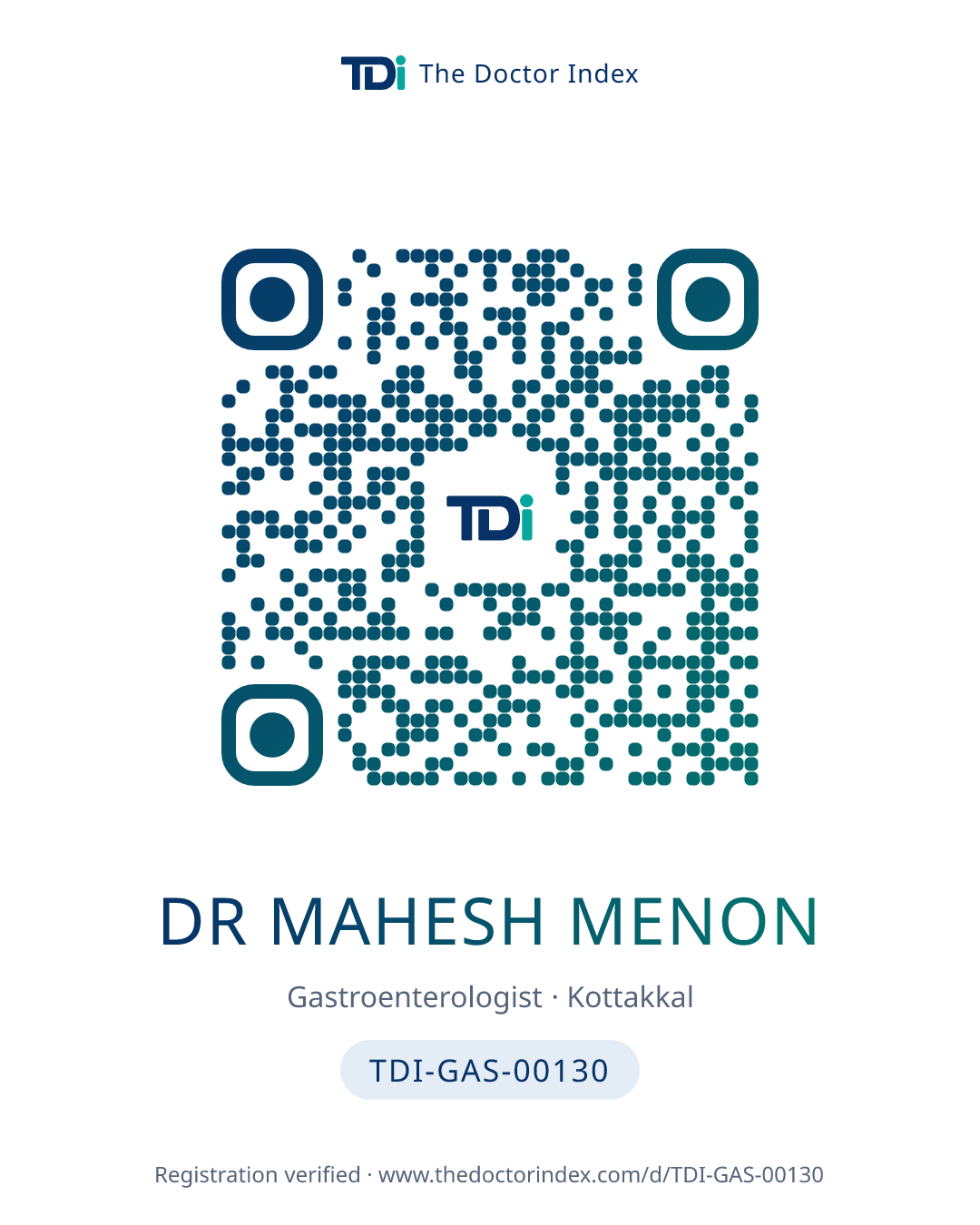 QR card for Dr Mahesh Menon, TDI-GAS-00130